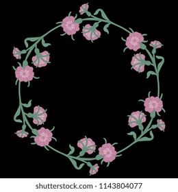 Isolated vector illustration. Round floral frame or decor with wild flowers. Wreath of  Corn Cockle blossom. On black background.