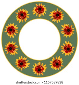 Isolated vector illustration. Round floral decor or frame with heads of Black-Eyed Susan flower. Gloriosa Daisy blossom. Dwarf Marmalade. Rudbeckia hirta. 