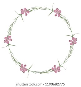 Isolated vector illustration. Round floral decor or frame. Wreath of wild pink carnation flowers.