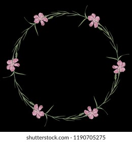 Isolated vector illustration. Round floral decor or frame. Wreath of wild pink carnation flowers. On black background.
