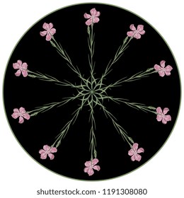 Isolated vector illustration. Round floral decor, star or mandala with branches of wild pink carnation in a circle.
