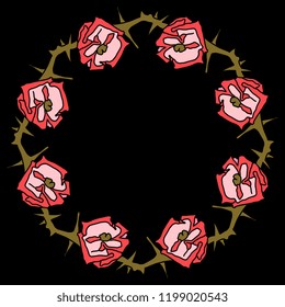 Isolated vector illustration. Round floral decor, frame or texture. Wreath of stylized roses. On black background.