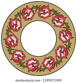 Isolated vector illustration. Round floral decor, frame or texture. Wreath of stylized roses.