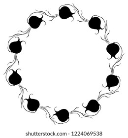 Isolated vector illustration. Round floral decor, frame or texture with stylized wild tulips. Based on ancient Greek ethnic motif. Black silhouette on white background. 