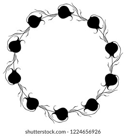 Isolated vector illustration. Round floral decor, frame or texture with stylized wild tulips. Based on ancient Greek ethnic motif. Black silhouette on white background. 