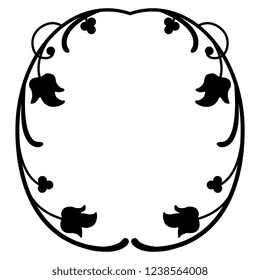 Isolated vector illustration. Round floral decor or frame with vintage motifs. Black silhouette on white background.