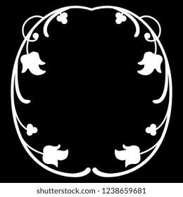 Isolated vector illustration. Round floral decor or frame with vintage motifs. White silhouette on black background.