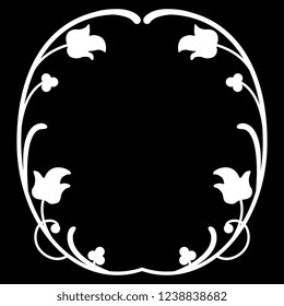 Isolated vector illustration. Round floral decor or frame with vintage motifs. White silhouette on black background.