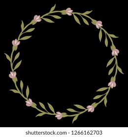 Isolated vector illustration. Round floral decor, frame or border. Wreath of wild meadow flowers. Vintage style. On black background.