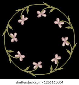 Isolated vector illustration. Round floral decor or frame. Wreath of wild flowers. Vintage style. On black background.
