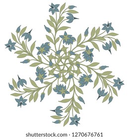 Isolated vector illustration. Round floral decor. Ornate star or mandala made of stylized branches with flowers.
