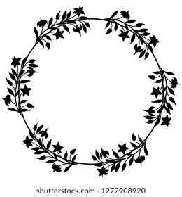 Isolated vector illustration. Round floral decor or frame. Black silhouette on white background.
