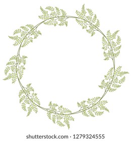 Isolated vector illustration. Round floral decor or frame with branches and leaves.