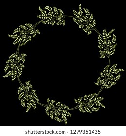 Isolated vector illustration. Round floral decor or frame with branches and leaves. On black background.