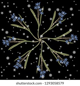 Isolated vector illustration. Round floral decor or mandala with Mercury Bluebell flowers (Scilla) and snowflakes. On black background.
