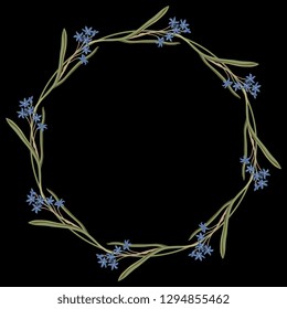 Isolated vector illustration. Round floral decor or frame. Wreath of spring Mercury Bluebell flowers. (Scilla). Vintage style. On black background.