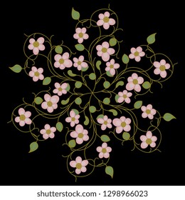 Isolated vector illustration. Round floral decor or mandala with stylized pink flowers. Vintage style. On black background.