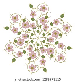 Isolated vector illustration. Round floral decor or mandala with stylized pink flowers. Vintage style.