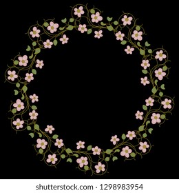 Isolated vector illustration. Round floral decor or frame. Wreath of pink flowers. Vintage style. On black background.
