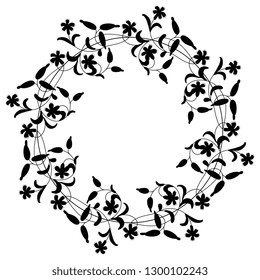 Isolated vector illustration. Round floral decor or frame. Wreath of stylized flowers. Vintage style. Black silhouette on white background.