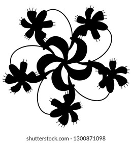 Isolated vector illustration. Round floral decor or mandala with stylized flowers. Black silhouette on white background.