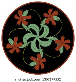 Isolated vector illustration. Round floral decor or mandala. Stylized branches of wild carnation flowers in a circle. Folk vintage style.