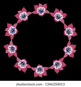 Isolated vector illustration. Round floral decor or frame. Wreath of tulip flowers. On black background.