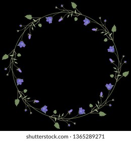 Isolated vector illustration. Round floral decor or frame. Wreath of wild bluebell flowers. On black background.
