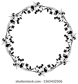 Isolated vector illustration. Round floral decor or frame with spindle tree branches. Black silhouette on white background. svg
