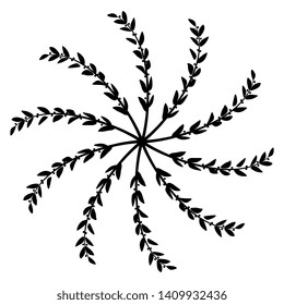 Isolated vector illustration. Round floral decor or star with stylized spiral tree branches. Black silhouette on white background.