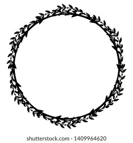 Isolated vector illustration. Round floral decor, frame or texture. Wreath made of stylized branches with leaves and berries. Black silhouette on white background.