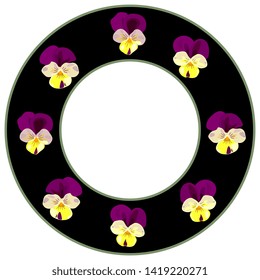 Isolated vector illustration. Round floral decor, frame or texture with pansy flowers (tricolor violet).