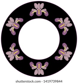 Isolated vector illustration. Round floral decor, frame or texture with heads of Iris flower.