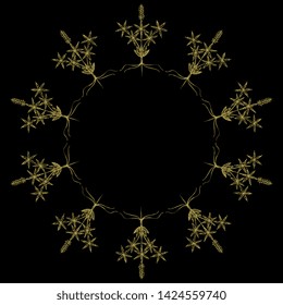 Isolated vector illustration. Round floral decor, frame or background with silhouettes of hemp or cannabis plant. Hand drawn sketch. Gold on black.