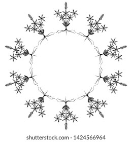 Isolated vector illustration. Round floral decor, frame or background with hand drawn sketches of hemp or cannabis plant. Black silhouette on white background.