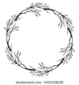 Isolated vector illustration. Round floral decor or frame with silhouettes of bare trees or tree branches. Hand drawn sketch.