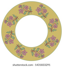 Isolated vector illustration. Round floral decor, frame or texture with stylized branches of flowers. Folk style.