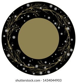 Isolated vector illustration. Round floral decor, frame or texture with wreath of tree branches and snowflakes.