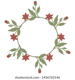 Isolated vector illustration. Round floral decor or frame. Wreath of stylized flowers and leaves. 