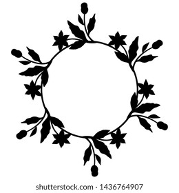 Isolated vector illustration. Round floral decor or frame. Wreath of stylized flowers and leaves. Black silhouette on white background.