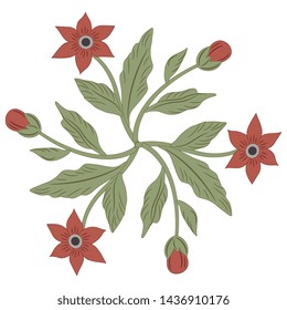 Isolated vector illustration. Round floral decor with stylized branches of leaves and flowers. Folk style.