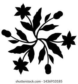 Isolated vector illustration. Round floral decor with stylized branches of leaves and flowers. Black silhouette on white background.