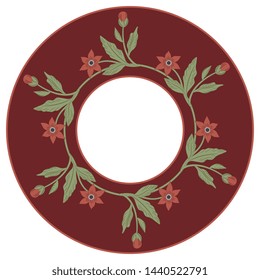 Isolated vector illustration. Round floral decor, frame or texture with floral motifs. Wreath of branches with flowers and leaves in a circle. Folk style.