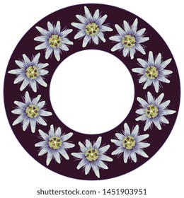 Isolated vector illustration. Round floral decor, frame or texture with heads of Blue Passion Flower or Passiflora.