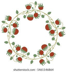 Isolated vector illustration. Round floral decor or frame with stylized strawberry branches. Folk style.
