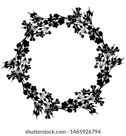 Isolated vector illustration. Round floral decor or frame. Wreath of Pelargonium Peltatum flower Cascading Geranium Black silhouette on white background.