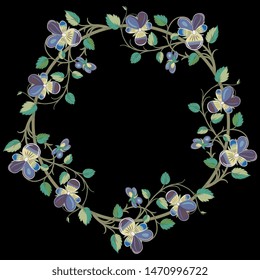 Isolated vector illustration. Round floral decor or frame with branches of pansy flowers. Wreath of viola tricolor. On black background.