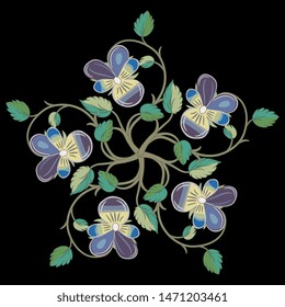Isolated vector illustration. Round floral decor or mandala with branches of pansy flowers. Viola tricolor. On black background.