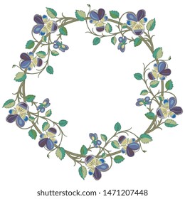 Isolated vector illustration. Round floral decor or frame with branches of pansy flowers. Wreath of viola tricolor.