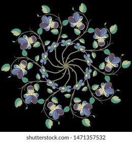 Isolated vector illustration. Round floral decor or mandala with branches of pansy flowers. Viola tricolor. On black background.